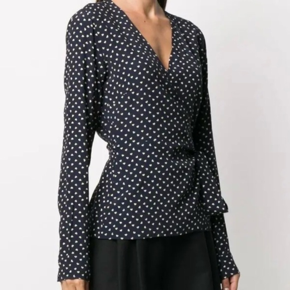 GANNI Navy Heart Print Wrap Top EU 36 | Scandi Copenhagen Blouse